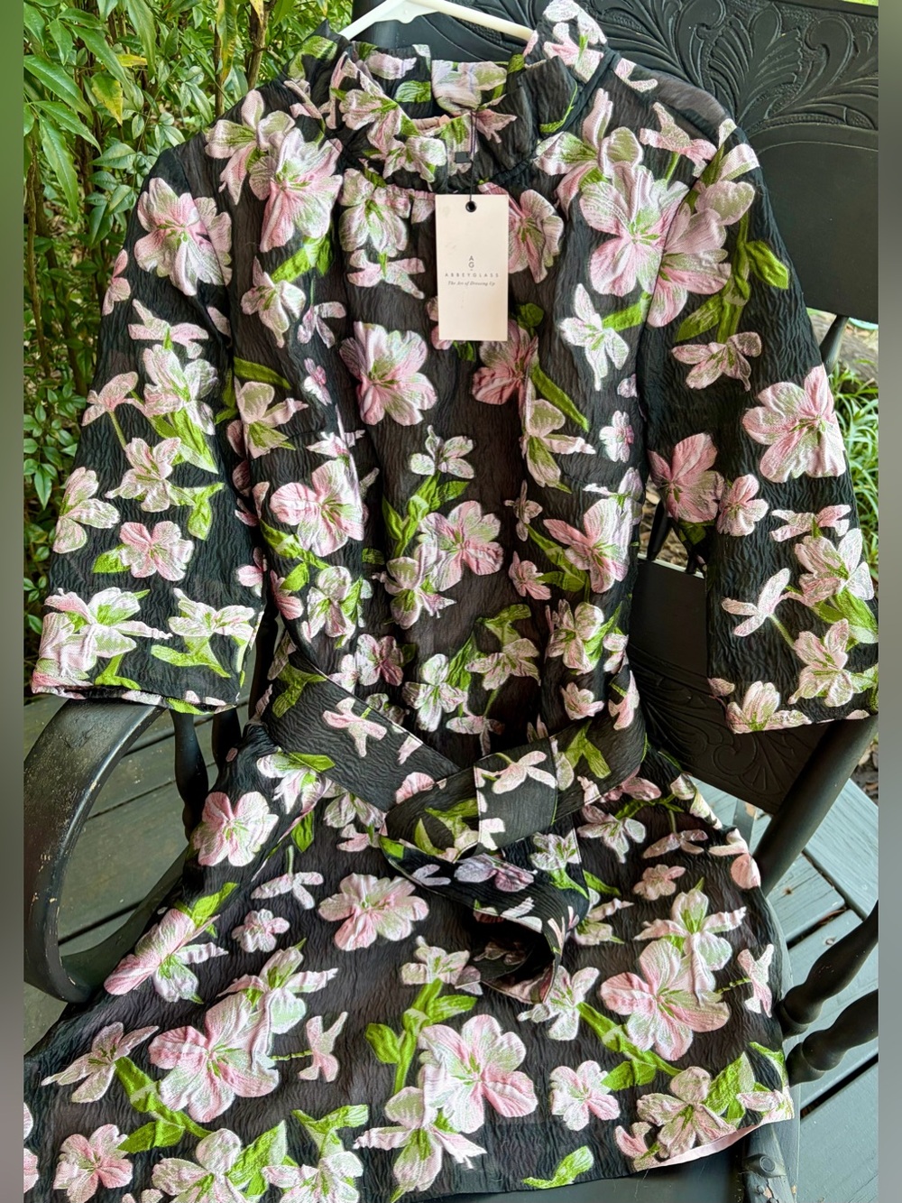 NWT ABBEY GLASS Floral Black/Green/Pink Dress w/Belt Women’s Size Large $265